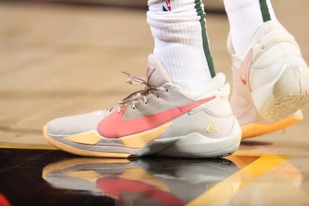 July 17: The sneakers worn by Giannis Antetokounmpo of the Milwaukee Bucks during Game Five of the 2021 NBA Finals on July 17, 2021 at Footprint...