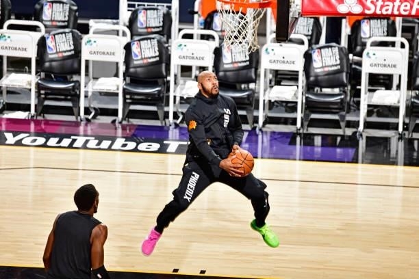 Jevon Carter of the Phoenix Suns warms up before Game Five of the NBA Finals against the Milwaukee Bucks on July 17, 2021 at Footprint Center in...