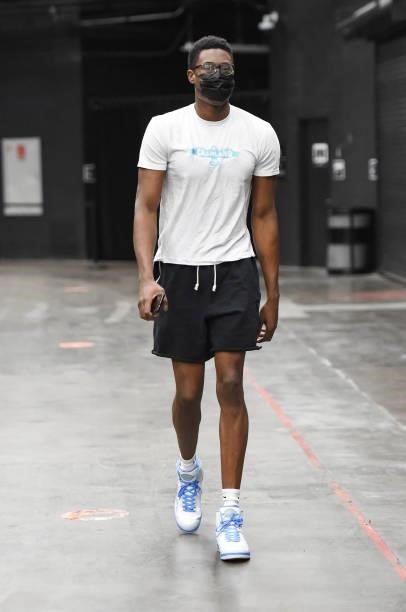 Jalen Smith of the Phoenix Suns arrives to the arena before the game against the Milwaukee Bucks during Game Five of the 2021 NBA Finals on July 17,...