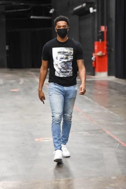 Ty-Shon Alexander of the Phoenix Suns arrives to the arena before the game against the Milwaukee Bucks during Game Five of the 2021 NBA Finals on...