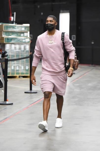 Twaun Moore of the Phoenix Suns arrives to the arena before the game against the Milwaukee Bucks during Game Five of the 2021 NBA Finals on July 17,...