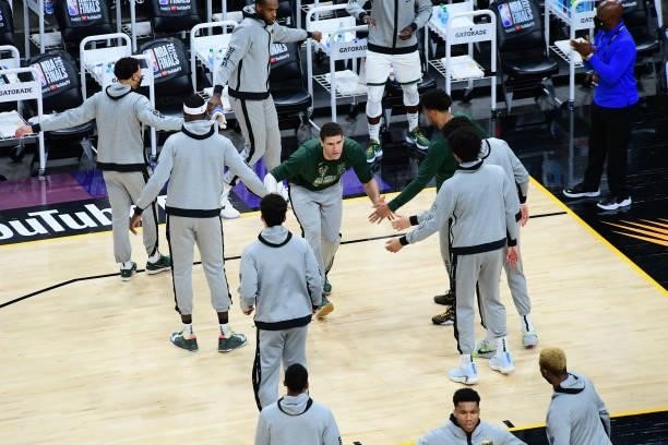 July 17: Brook Lopez of the Milwaukee Bucks walks on the court Game Five of the 2021 NBA Finals on July 17, 2021 at Footprint Center in Phoenix,...