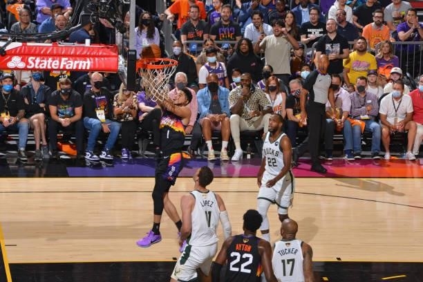 Devin Booker of the Phoenix Suns shoots the ball against the Milwaukee Bucks during Game Five of the 2021 NBA Finals on July 17, 2021 at Footprint...