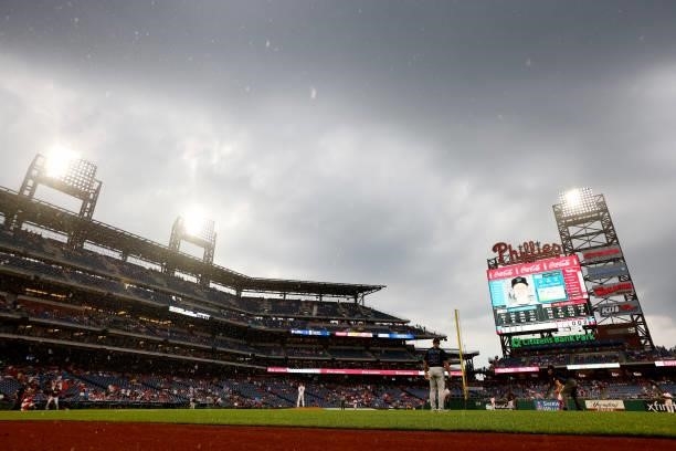 Rain begins to fall during the fifth inning of a game between the Miami Marlins and Philadelphia Phillies at Citizens Bank Park on July 17, 2021 in...