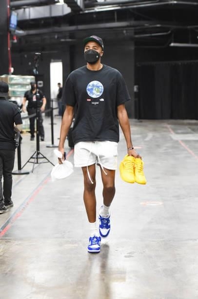 Mikal Bridges of the Phoenix Suns arrives to the arena before the game against the Milwaukee Bucks during Game Five of the 2021 NBA Finals on July...