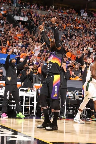 July 17: Jae Crowder of the Phoenix Suns celebrates during Game Five of the 2021 NBA Finals on July 17, 2021 at Footprint Center in Phoenix, Arizona....