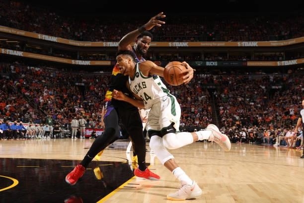July 17: Giannis Antetokounmpo of the Milwaukee Bucks drives to the basket against the Phoenix Suns during Game Five of the 2021 NBA Finals on July...
