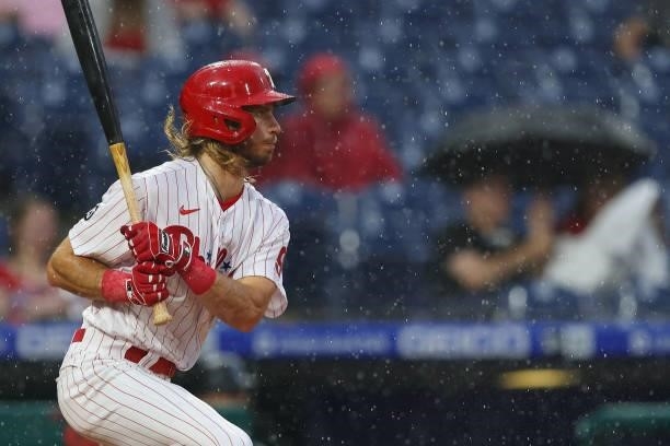 Travis Jankowski of the Philadelphia Phillies hits a double against the Miami Marlins during the fifth inning of a game at Citizens Bank Park on July...