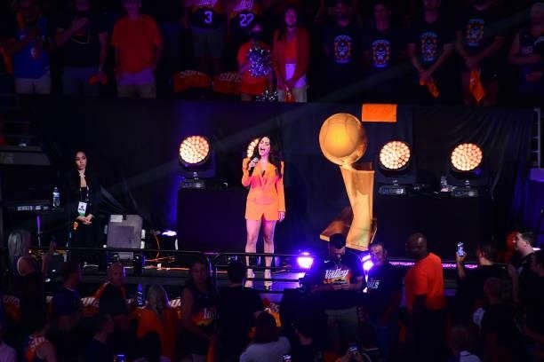 July 17: Singer, Vanessa Hudgens performs the national anthem before Game Five of the 2021 NBA Finals on July 17, 2021 at Footprint Center in...