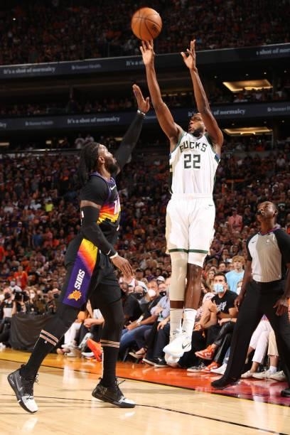 July 17: Khris Middleton of the Milwaukee Bucks shoots a three point basket against the Phoenix Suns during Game Five of the 2021 NBA Finals on July...