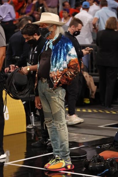 July 17: NBA super fan, James Goldstein attends the game between the Milwaukee Bucks and the Phoenix Suns during Game Five of the 2021 NBA Finals on...