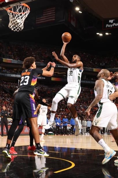 July 17: Khris Middleton of the Milwaukee Bucks shoots the ball against the Phoenix Suns during Game Five of the 2021 NBA Finals on July 17, 2021 at...
