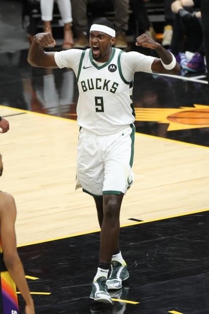 July 17: Bobby Portis of the Milwaukee Bucks celebrates during the game against the Phoenix Suns during Game Five of the 2021 NBA Finals on July 17,...