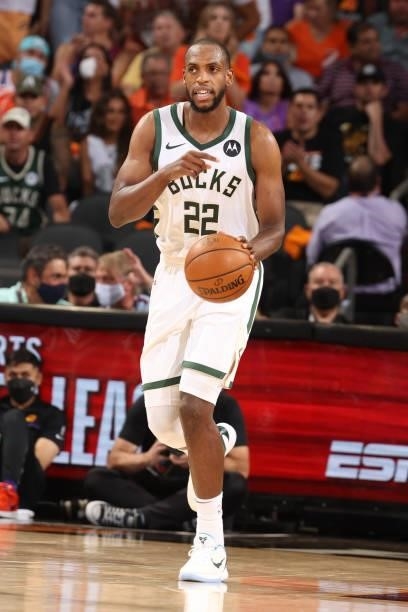July 17: Khris Middleton of the Milwaukee Bucks dribbles the ball against the Phoenix Suns during Game Five of the 2021 NBA Finals on July 17, 2021...