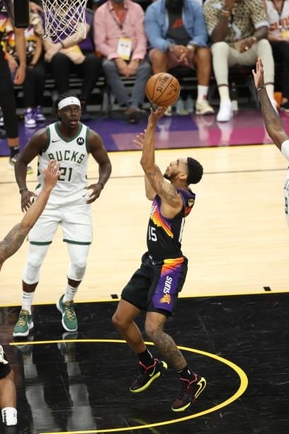 July 17: Cameron Payne of the Phoenix Suns shoots the ball during the game against the Milwaukee Bucks during Game Five of the 2021 NBA Finals on...