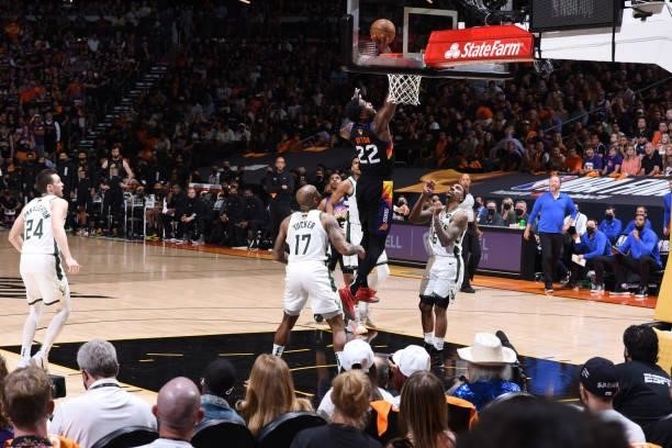 July 17: Deandre Ayton of the Phoenix Suns drives to the basket against the Milwaukee Bucks during Game Five of the 2021 NBA Finals on July 17, 2021...