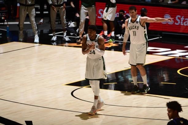 July 17: Giannis Antetokounmpo of the Milwaukee Bucks claps during Game Five of the 2021 NBA Finals on July 17, 2021 at Footprint Center in Phoenix,...
