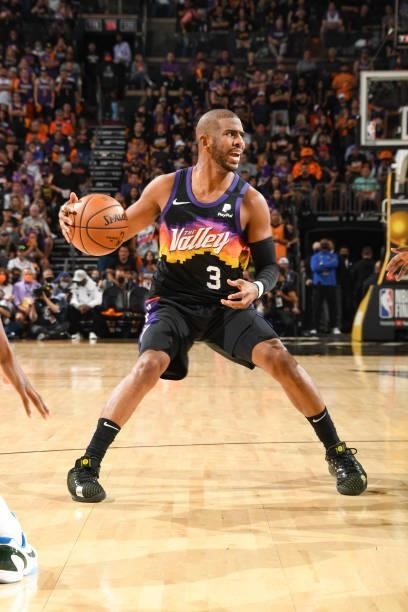 Chris Paul of the Phoenix Suns handles the ball during the game against the Milwaukee Bucks during Game Five of the 2021 NBA Finals on July 17, 2021...