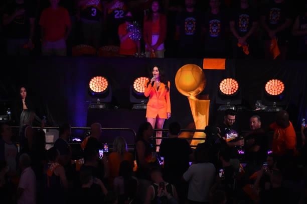 Singer, Vanessa Hudgens, sings the National Anthem before Game Five of the 2021 NBA Finals on July 17, 2021 at Footprint Center in Phoenix, Arizona....