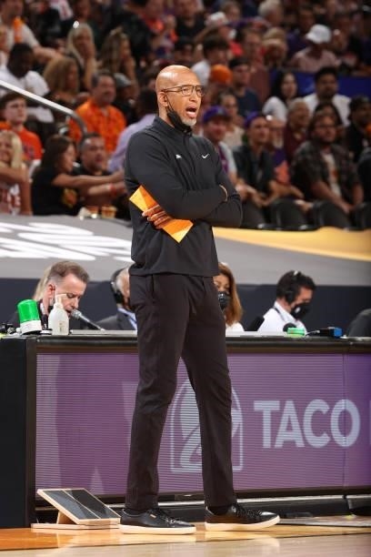 July 17: Head Coach Monty Williams of the Phoenix Suns looks on during Game Five of the 2021 NBA Finals on July 17, 2021 at Footprint Center in...