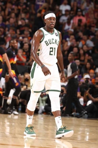 July 17: Jrue Holiday of the Milwaukee Bucks looks on during Game Five of the 2021 NBA Finals on July 17, 2021 at Footprint Center in Phoenix,...