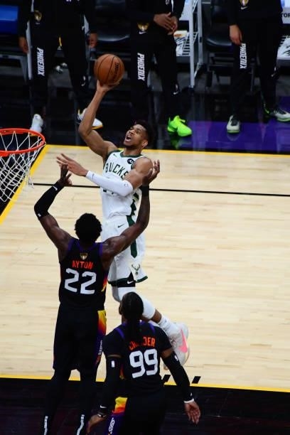July 17: Giannis Antetokounmpo of the Milwaukee Bucks shoots the ball against the Phoenix Suns during Game Five of the 2021 NBA Finals on July 17,...