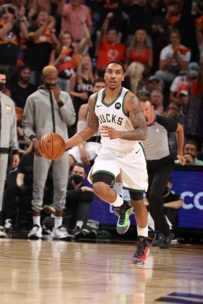 July 17: Jeff Teague of the Milwaukee Bucks dribbles the ball against the Phoenix Suns during Game Five of the 2021 NBA Finals on July 17, 2021 at...