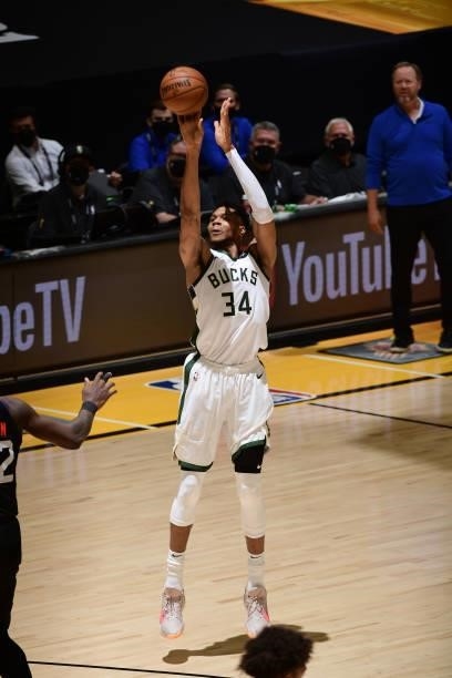 July 17: Giannis Antetokounmpo of the Milwaukee Bucks shoots a three point basket against the Phoenix Suns during Game Five of the 2021 NBA Finals on...