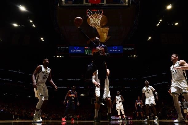 July 17: Jae Crowder of the Phoenix Suns drives to the basket against the Milwaukee Bucks during Game Five of the 2021 NBA Finals on July 17, 2021 at...
