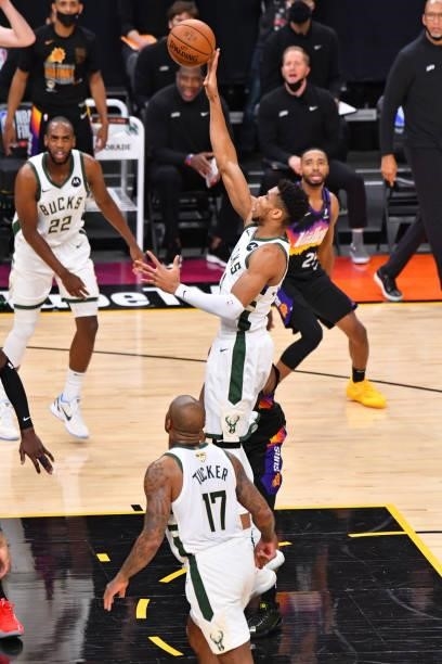 Giannis Antetokounmpo of the Milwaukee Bucks shoots the ball against the Phoenix Suns during Game Five of the 2021 NBA Finals on July 17, 2021 at...