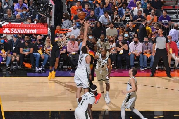 Deandre Ayton of the Phoenix Suns shoots the ball against the Milwaukee Bucks during Game Five of the 2021 NBA Finals on July 17, 2021 at Footprint...