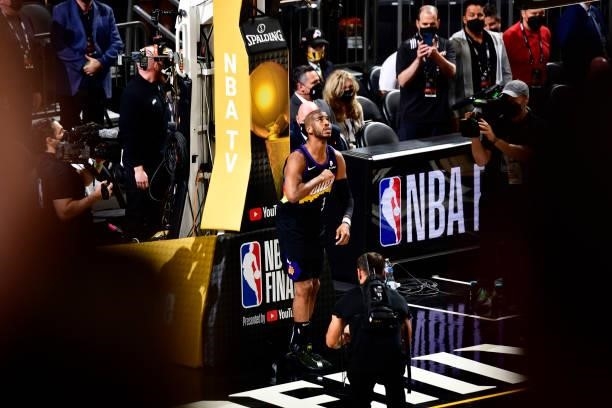 Chris Paul of the Phoenix Suns celebrates during Game Five of the NBA Finals on July 17, 2021 at Footprint Center in Phoenix, Arizona. NOTE TO USER:...