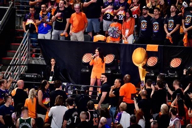 Actress and Singer Vanessa Hudgens performing the National Anthem before Game Five of the NBA Finals on July 17, 2021 at Footprint Center in Phoenix,...