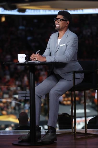 July 17: ESPN Analyst Jalen Rose smiles before the Milwaukee Bucks game against the Phoenix Suns during Game Five of the 2021 NBA Finals on July 17,...
