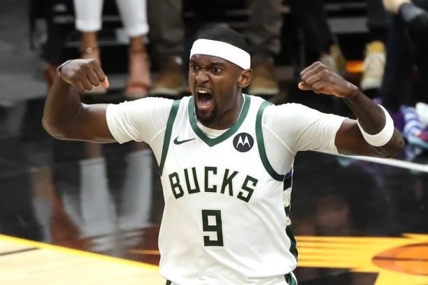 July 17: Bobby Portis of the Milwaukee Bucks celebrates during the game against the Phoenix Suns during Game Five of the 2021 NBA Finals on July 17,...