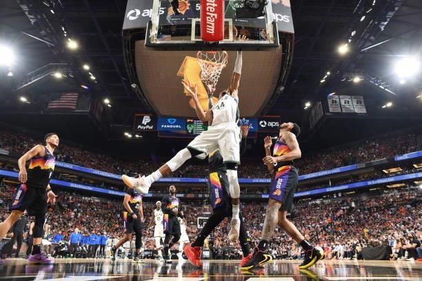 Giannis Antetokounmpo of the Milwaukee Bucks drives to the basket during the game against the Phoenix Suns during Game Five of the 2021 NBA Finals on...