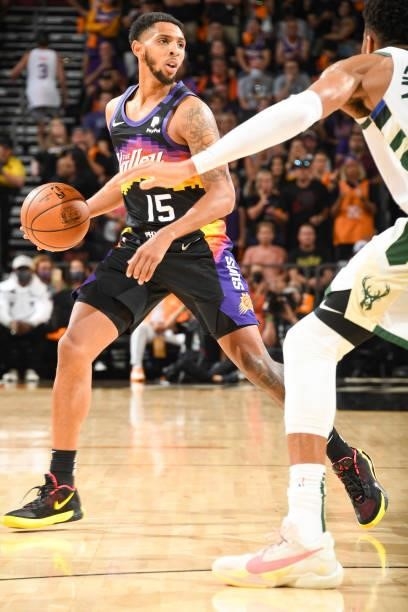 Cameron Payne of the Phoenix Suns handles the ball during the game against the Milwaukee Bucks during Game Five of the 2021 NBA Finals on July 17,...