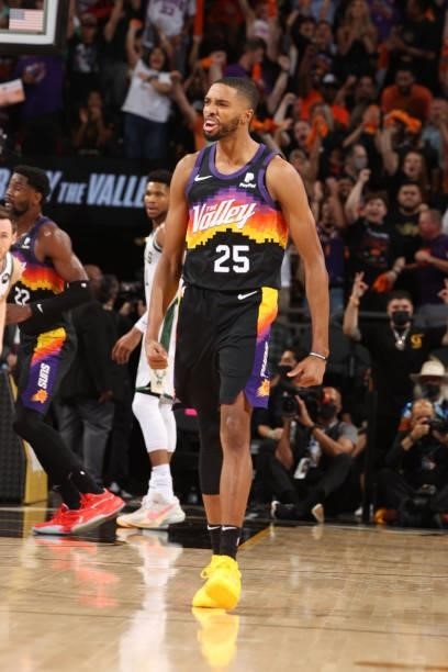 July 17: Mikal Bridges of the Phoenix Suns celebrates during Game Five of the 2021 NBA Finals on July 17, 2021 at Footprint Center in Phoenix,...