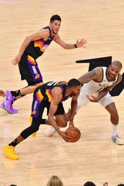 Mikal Bridges of the Phoenix Suns handles the ball against the Milwaukee Bucks during Game Five of the 2021 NBA Finals on July 17, 2021 at Footprint...