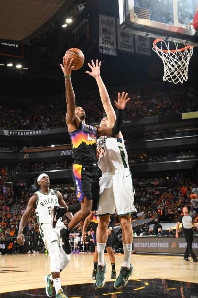 Torrey Craig of the Phoenix Suns drives to the basket during the game against the Milwaukee Bucks during Game Five of the 2021 NBA Finals on July 17,...