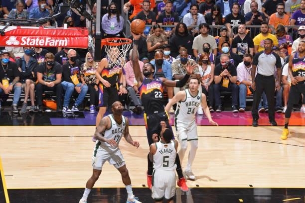 Deandre Ayton of the Phoenix Suns shoots the ball against the Milwaukee Bucks during Game Five of the 2021 NBA Finals on July 17, 2021 at Footprint...