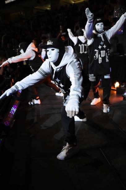Jabbawockeez performs during halftime of the Milwaukee Bucks against the Phoenix Suns during Game Five of the 2021 NBA Finals on July 17, 2021 at the...