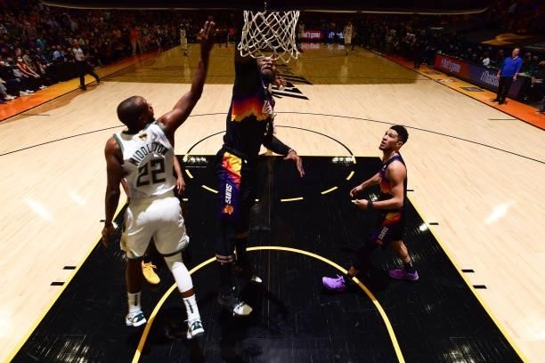 July 17: Jae Crowder of the Phoenix Suns dunks the ball against the Milwaukee Bucks during Game Five of the 2021 NBA Finals on July 17, 2021 at...
