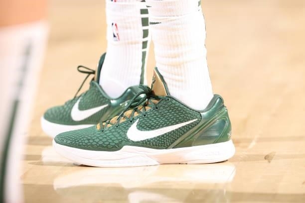 July 17: The sneakers worn by Jrue Holiday of the Milwaukee Bucks during Game Five of the 2021 NBA Finals on July 17, 2021 at Footprint Center in...