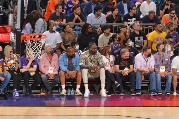 LeBron James of the Los Angeles Lakers attends Game Five of the 2021 NBA Finals on July 17, 2021 at Footprint Center in Phoenix, Arizona. NOTE TO...
