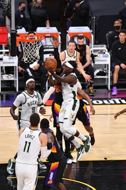 Jrue Holiday of the Milwaukee Bucks shoots the ball against the Phoenix Suns during Game Five of the 2021 NBA Finals on July 17, 2021 at Footprint...
