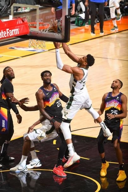 Giannis Antetokounmpo of the Milwaukee Bucks drives to the basket during the game against the Phoenix Suns during Game Five of the 2021 NBA Finals on...
