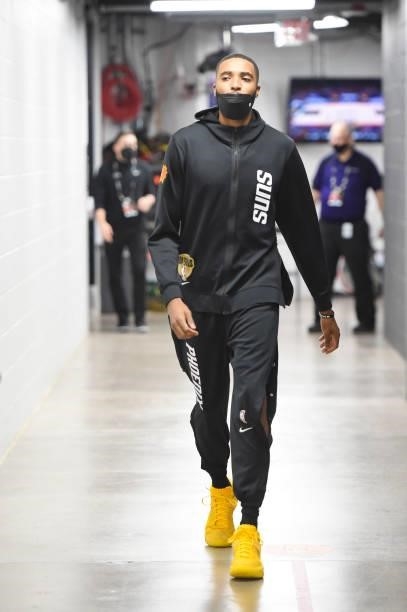 Mikal Bridges of the Phoenix Suns walks on to the court before the game against the Milwaukee Bucks during Game Five of the 2021 NBA Finals on July...
