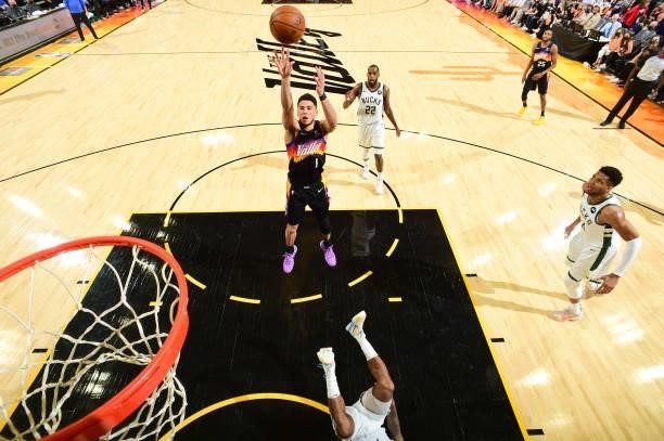 Devin Booker of the Phoenix Suns shoots the ball during the game against the Milwaukee Bucks during Game Five of the 2021 NBA Finals on July 17, 2021...
