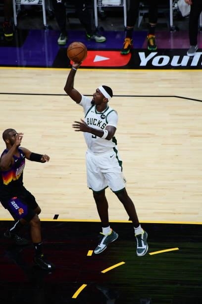 July 17: Bobby Portis of the Milwaukee Bucks shoots the ball against the Phoenix Suns during Game Five of the 2021 NBA Finals on July 17, 2021 at...